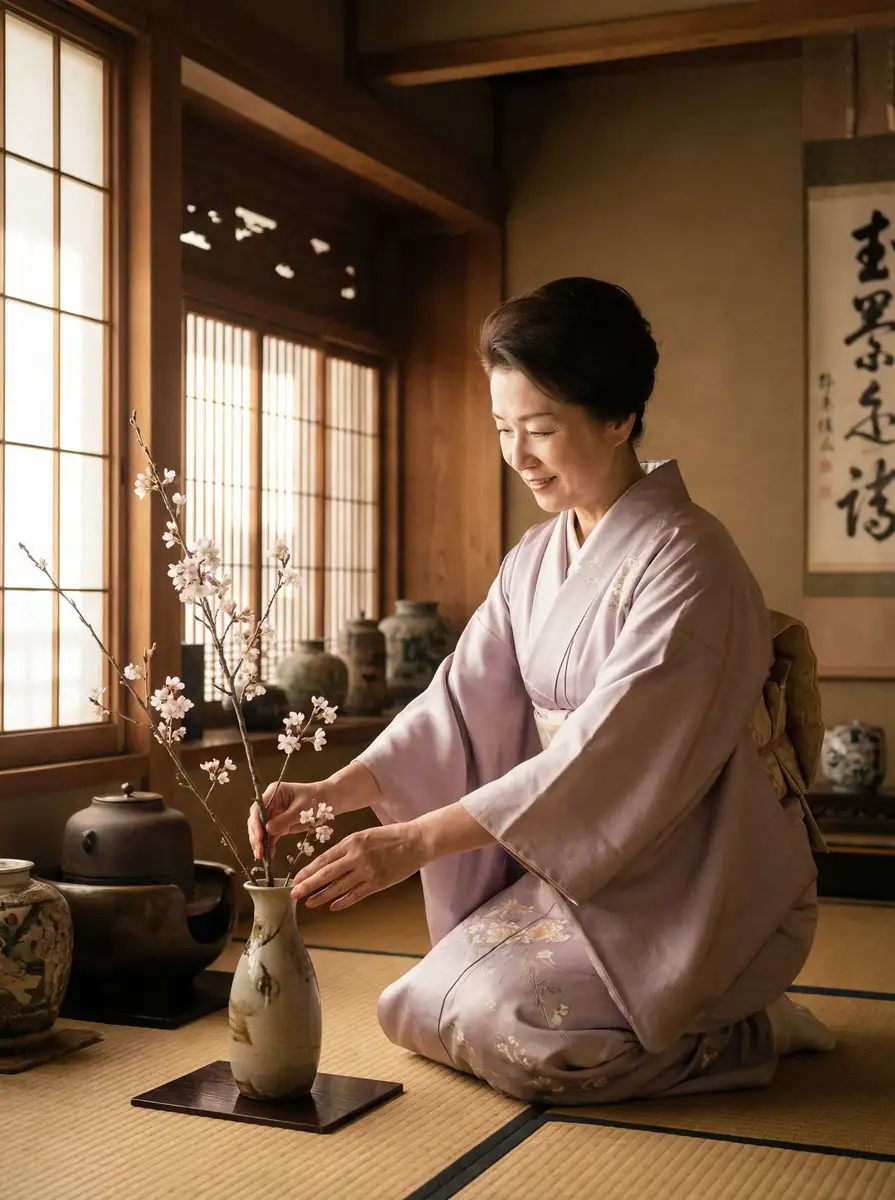 一位优雅的 豪利777平台 在和室中插花